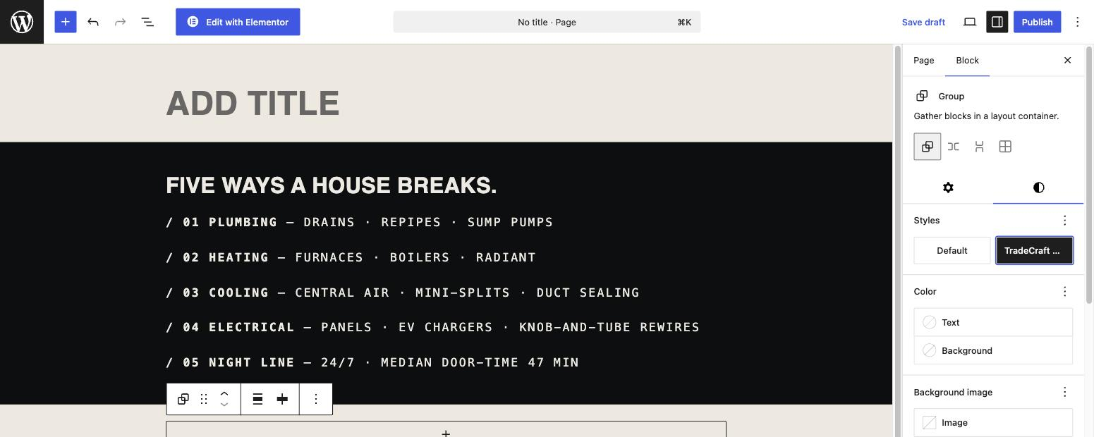 The block editor's Styles panel with a Group block selected and Fieldcraft Dark Band highlighted as the active style.