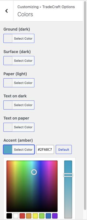 Customizer to Colors section, with the Accent (amber) swatch's color picker open.