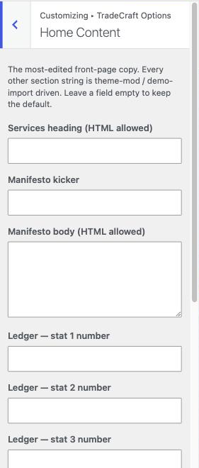 Customizer to Home Content section, showing the Services heading and Ledger stat number fields.