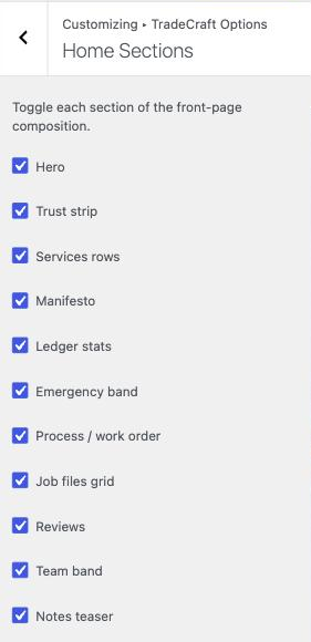 Customizer to Home Sections, showing all eleven section checkboxes.