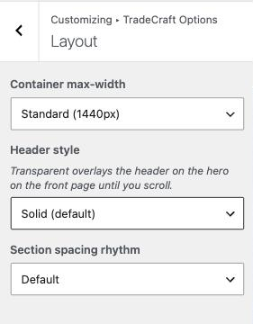 Customizer to Layout section, with Container max-width, Header style and Section spacing rhythm dropdowns visible.