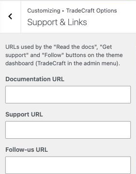 Customizer to Support & Links section, showing the three URL fields.