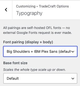 Customizer to Typography section, with the Font pairing dropdown open showing all six choices.
