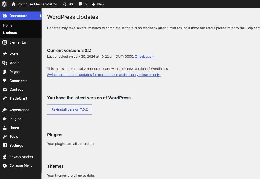 Dashboard to Updates, showing a Fieldcraft update available via the Envato Market plugin.