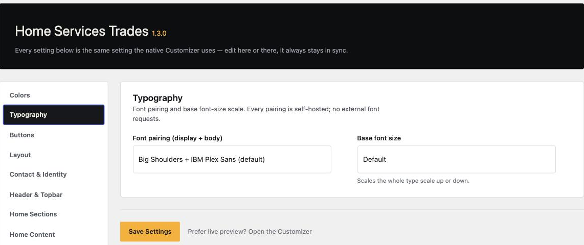 Fieldcraft to Theme Options, Typography tab, showing the font-pairing dropdown and Save Settings button.