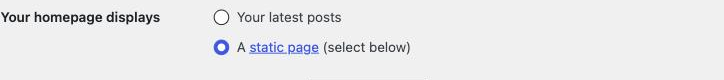 Settings to Reading, showing the “Your homepage displays” radio options.