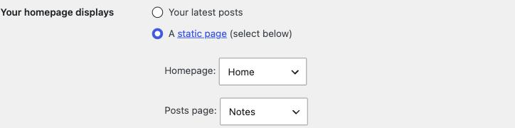 Settings to Reading, with the Posts page dropdown set to the blog page.
