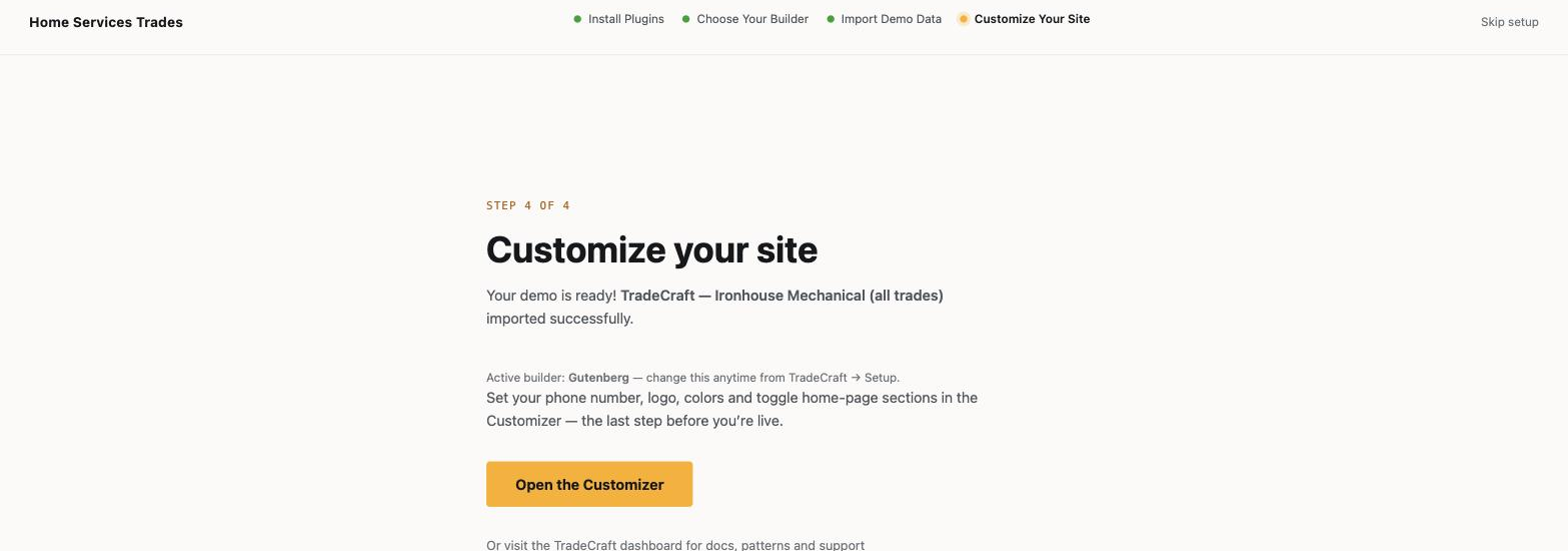 The final wizard step, showing the imported-demo confirmation and the “Open the Customizer” button.
